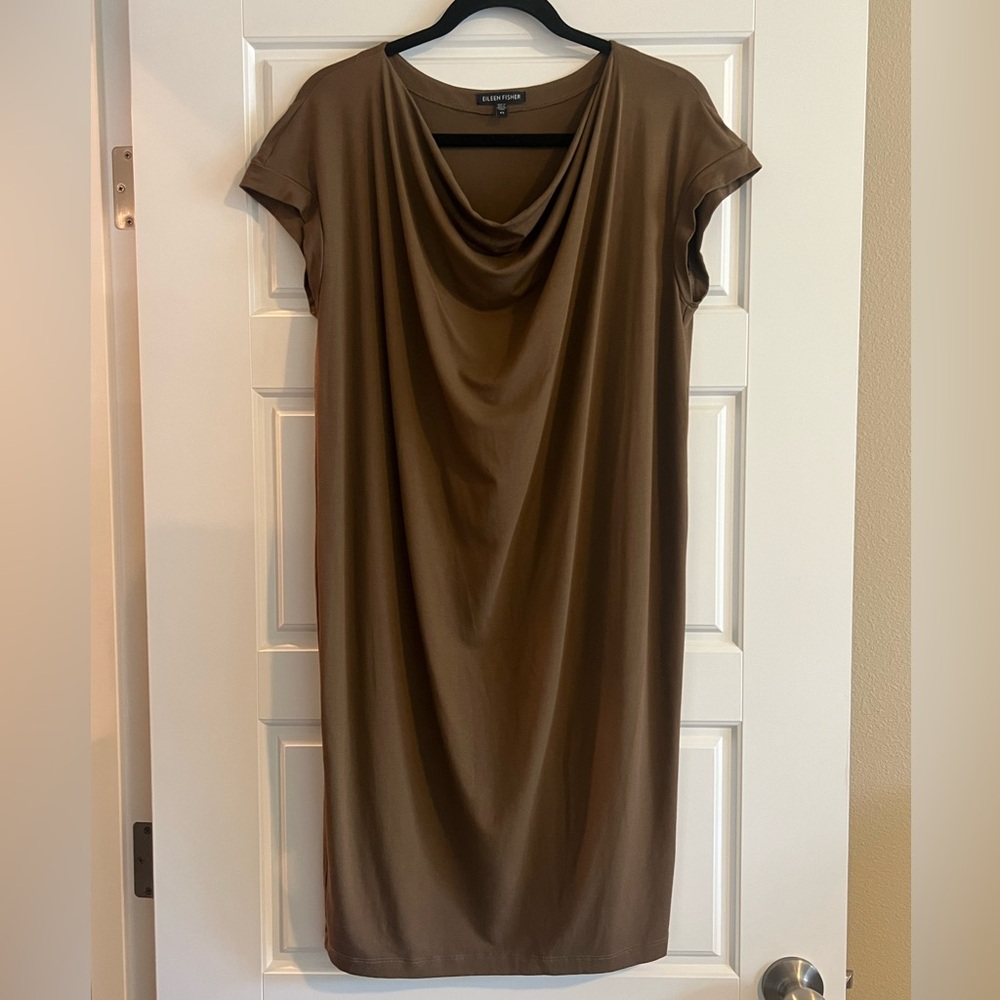 Eileen Fisher Olive Cowl-Neck Short Sleeve Shift Dress Size XS